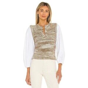 Veronica Beard Tahlea Mixed-Media Sweater in Army Multi Puff Sleeve Top Size M